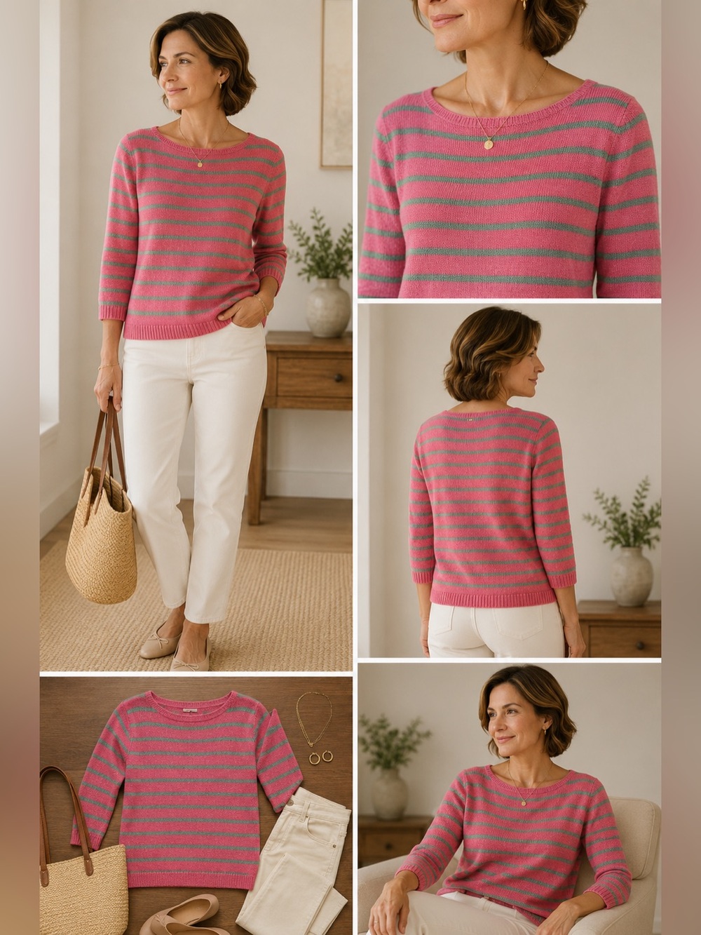 Talbots Petites Women’s 100% Linen Pink Green Striped Sweater Mp Classic Office